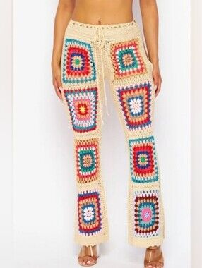 Granny Square Crochet Boot Cut Pants Boho Festival Beige Multicolor M
